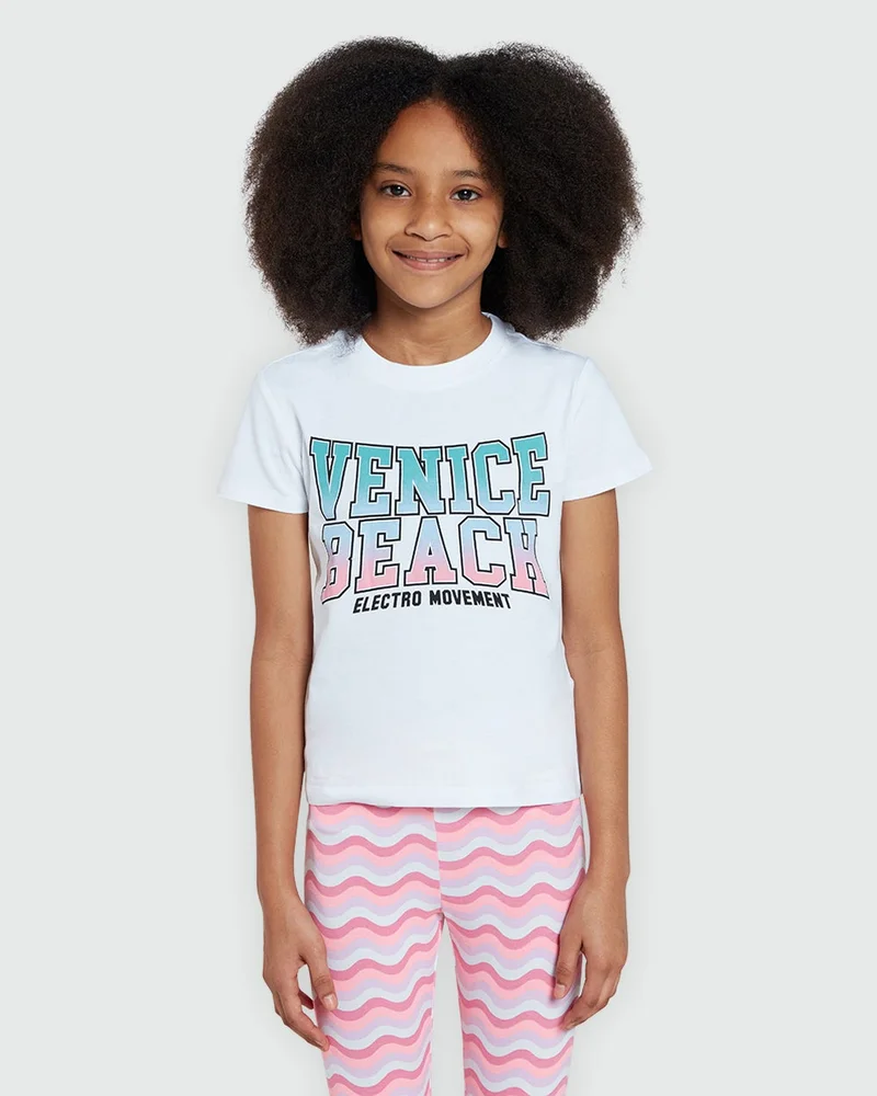 او في اس تي شيرت أبيض لامع أساسي يومي للبنات